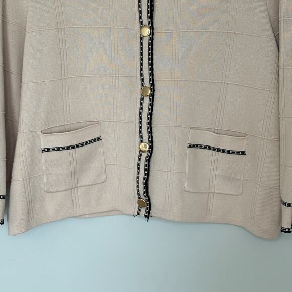Adrianna Papell Check Tipped Cardigan Womens Medium Button Front Tan Old Money - Picture 3 of 9